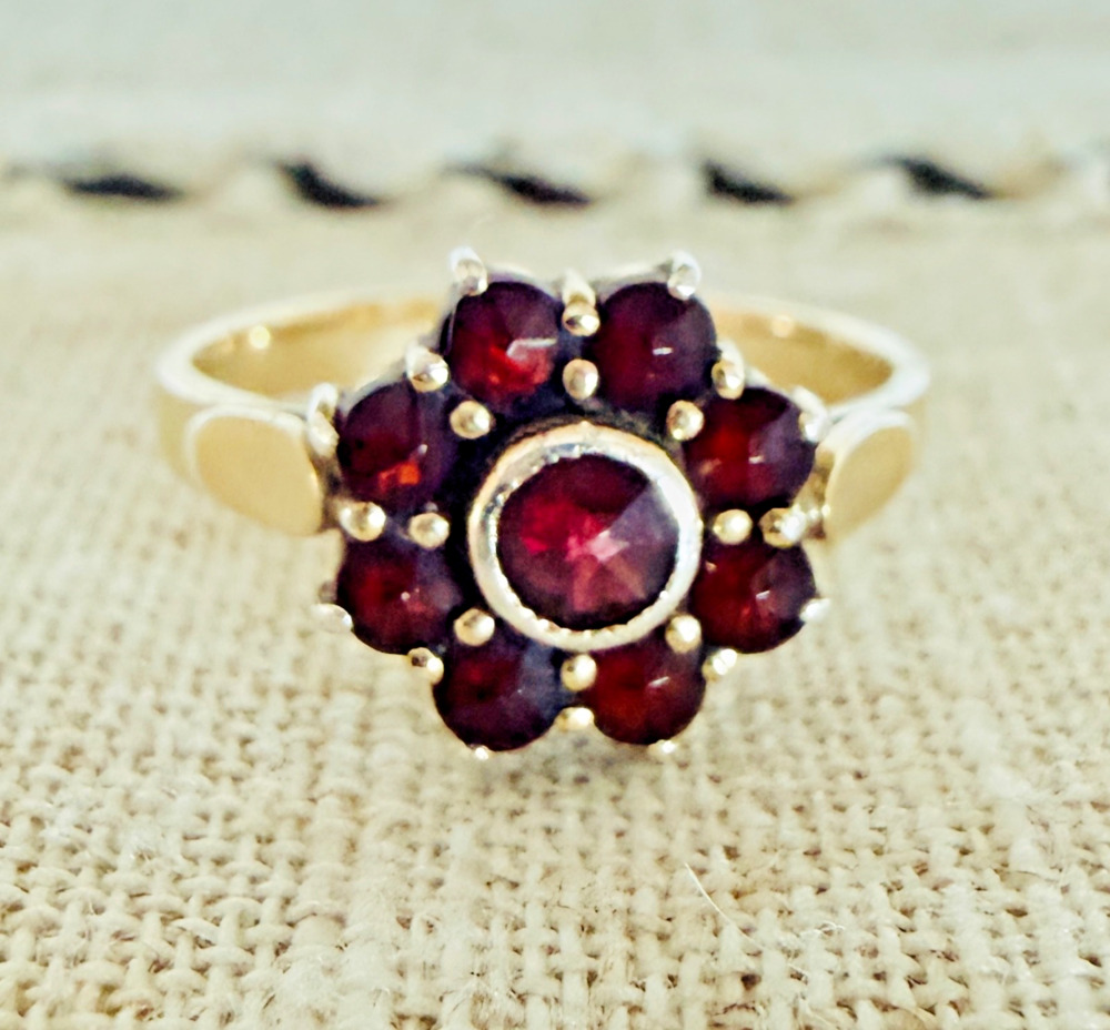 Antique Bohemian Garnet Cluster Ring Silver Gilt Rose Cut Stones Size 6